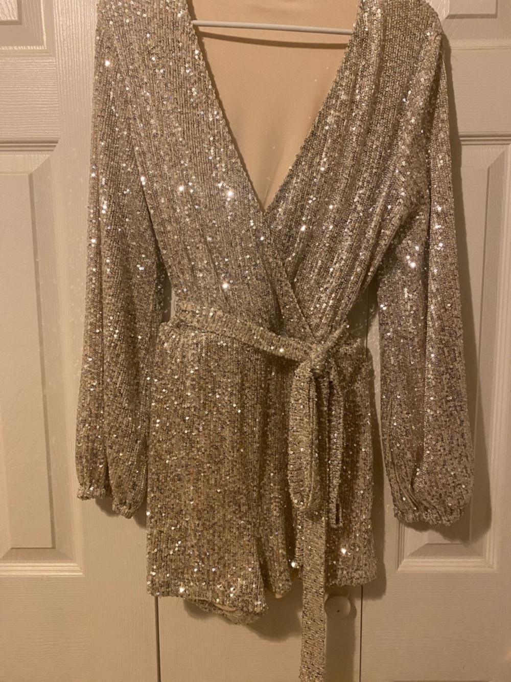 Sequin Faux Wrap Romper in Champagne